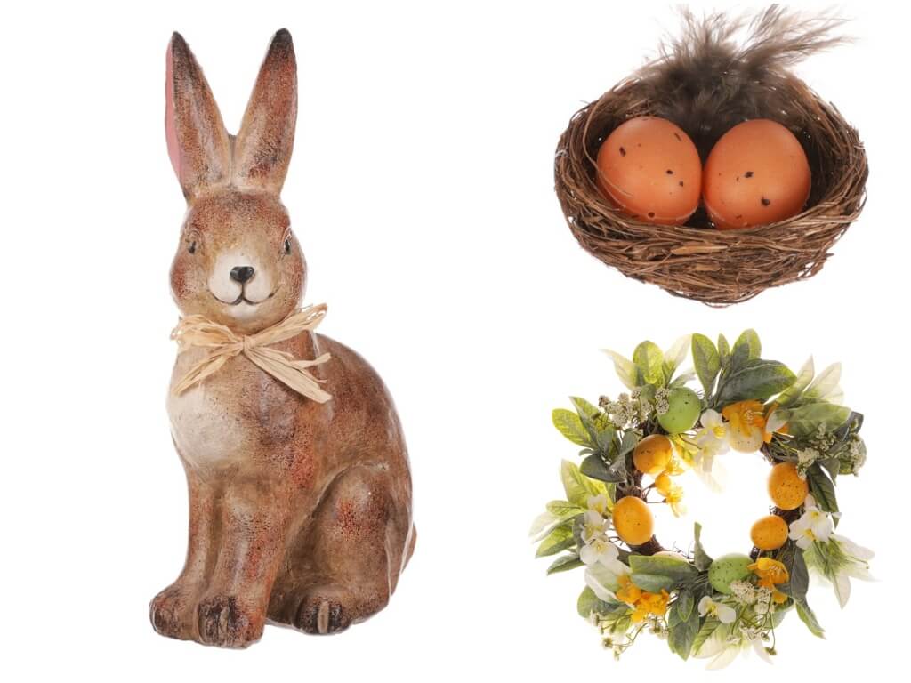 Veľkonočné dekorácie - vajíčka, veniec a zajac